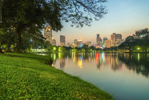 City at night view of Bangkok from Lumpini Park, Thailand