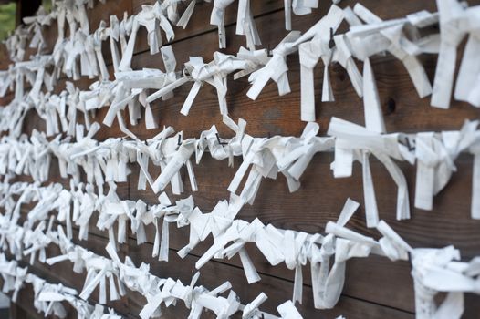 Omikuji placed by visitors to the Fushimi Inari Shrine (Fushimi Inari Taisha)