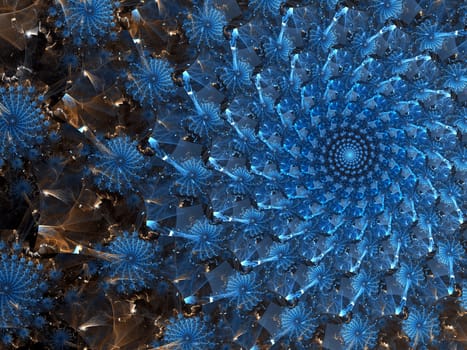 Abstract computer-generated image blue consisting of a swirl of spiral like flowers or snowflakes