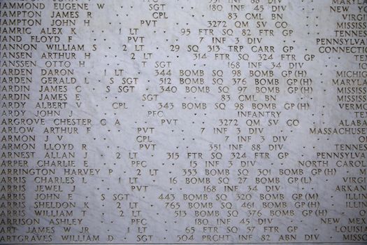 NETTUNO - April 06: The Names of fallen soldiers at war, American war cemetery of the American Military Cemetery of Nettuno in Italy, April 06, 2015 in Nettuno, Italy.