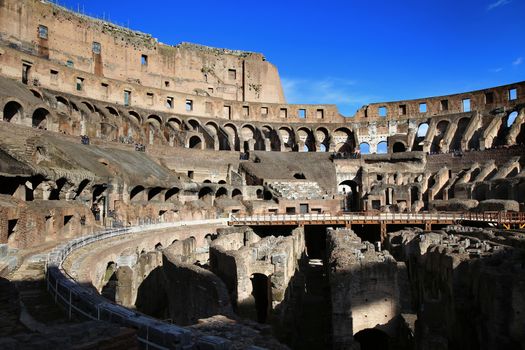 ROME; ITALY - APRIL 08: Ruins of the Colloseum and tourists in Rome; Italy. Rome is the capital of Italy and region of Lazio. Italy on April 08; 2015.