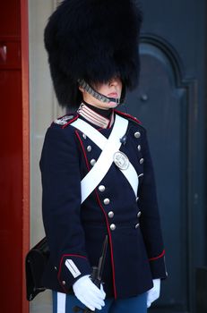 COPENHAGEN, DENMARK - AUGUST 15, 2016: Danish Royal Life Guard on the central plaza of Amalienborg palace, home of the Danish Royal family in Copenhagen, Denmark on August 15, 2016.