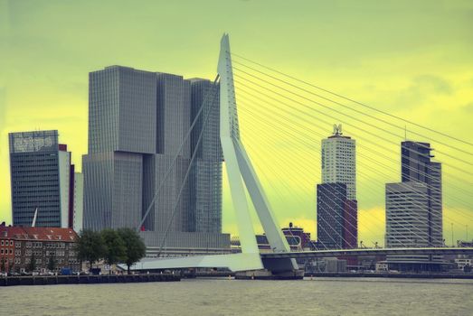 ROTTERDAM, THE NETHERLANDS - 18 AUGUST: Rotterdam is a city modern architecture, view on Erasmus Bridge and skyline of Rotterdam, river Maas in Rotterdam, Netherlands on August 18,2015.