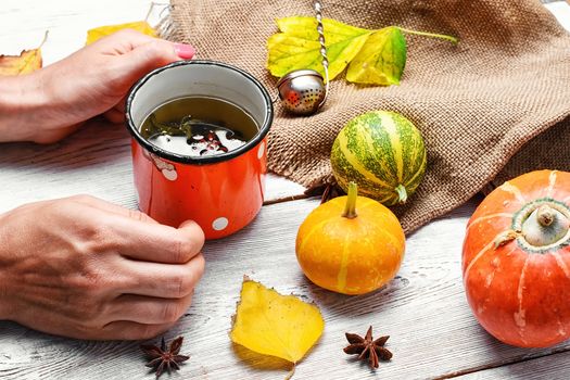 Cup of tea in hand and the autumn decoration with pumpkins