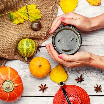 Cup of tea in hand and the autumn decoration with pumpkins