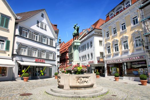 ESSLINGEN AM NECKAR, GERMANY - 18 JULY: Postman Michel Fountain (Postmichelbrunnen) on street Innere Brücke in Esslingen am Neckar, near Stuttgart, Germany on July 18,2014.