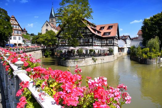 ESSLINGEN AM NECKAR, GERMANY - 18 JULY: view of old wattle houses in city center with the ancient castle on background. Ross Neckar Canal in Esslingen am Neckar, Germany on July 18,2014.