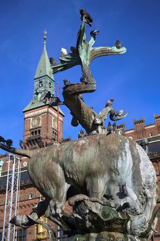 Dragon fountain and Radhus, Copenhagen city hall in Copenhagen  Denmark