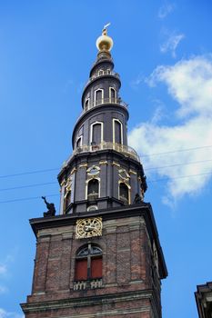 View of the Vor Frelsers Kirke Tower in Copenhagen, Denmark 