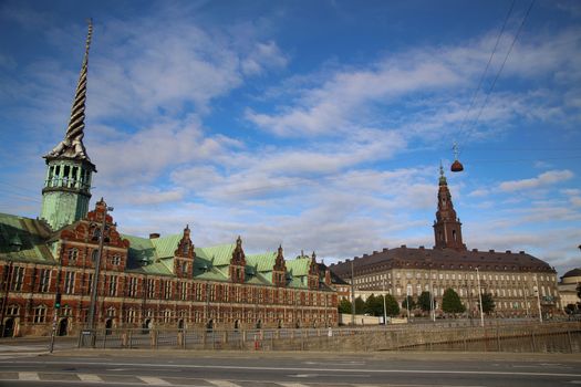 Morning view on Christiansborg Palace and The Borsen, Oldest Building in Slotsholmen, Copenhagen, Denmark