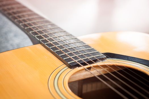 Close up acoustic guitar detail, stock photo