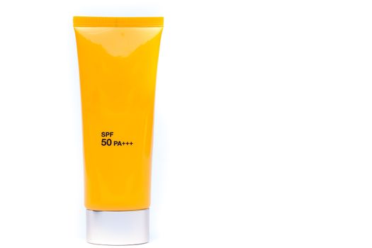 Tube container of sun cream on white background