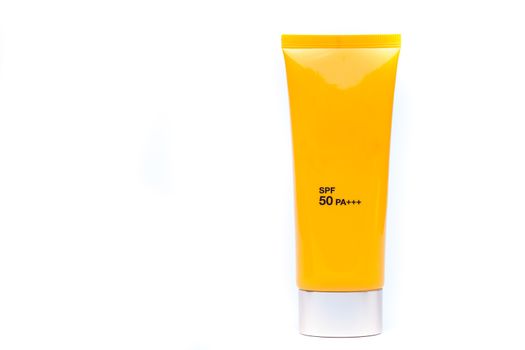 Tube container of sun cream on white background