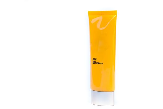 Tube container of sun cream on white background