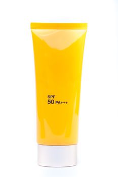 Tube container of sun cream on white background