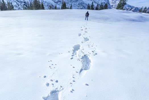Winter scenery with lots of snow, a  man heading to the mountains, leaving footsteps behind.