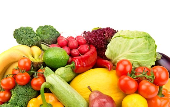 set of ripe vegetables and fruits on white background