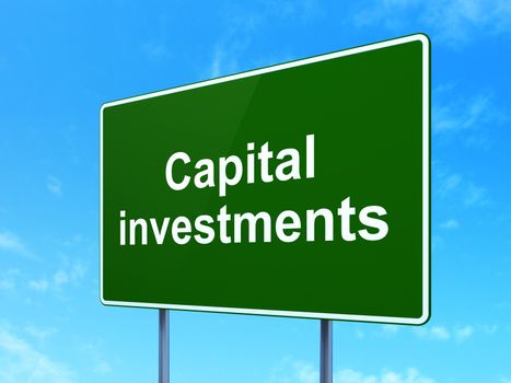 Banking concept: Capital Investments on green road highway sign, clear blue sky background, 3D rendering