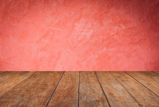 Perspective brown wood on handmade creative red wall background