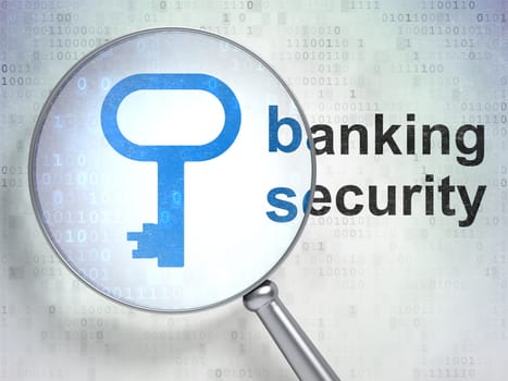 Security concept: magnifying optical glass with Key icon and Banking Security word on digital background, 3D rendering