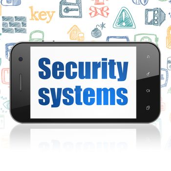 Security concept: Smartphone with  blue text Security Systems on display,  Hand Drawn Security Icons background, 3D rendering