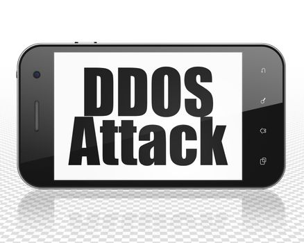 Privacy concept: Smartphone with black text DDOS Attack on display, 3D rendering