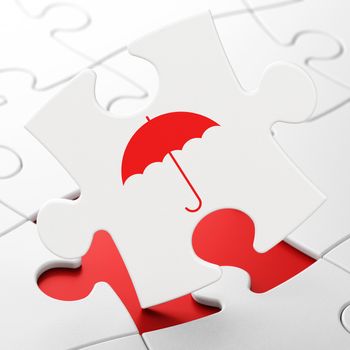 Protection concept: Umbrella on White puzzle pieces background, 3D rendering