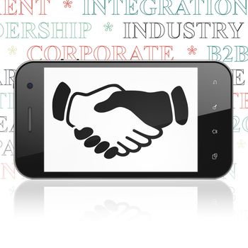 Business concept: Smartphone with  black Handshake icon on display,  Tag Cloud background, 3D rendering