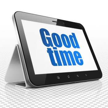 Time concept: Tablet Computer with blue text Good Time on display, 3D rendering
