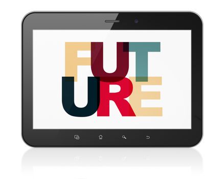 Timeline concept: Tablet Computer with Painted multicolor text Future on display, 3D rendering