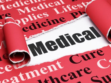 Healthcare concept: black text Medical under the curled piece of Red torn paper with  Tag Cloud, 3D rendering