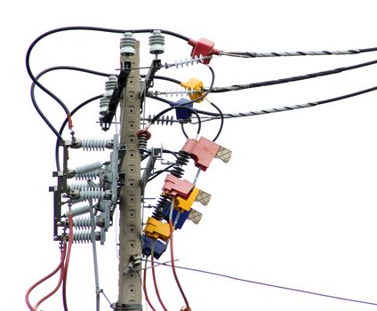 Wire cables on electricity pole in the city