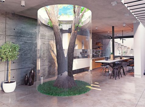 eco design of the modern  interior. Real tree indoor. 3d concept