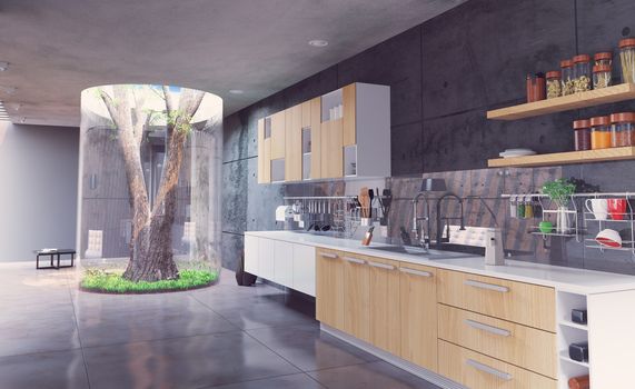 eco design of the modern  interior. Real tree indoor. 3d concept