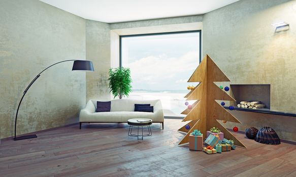 home on the coast interior with plywood Christmas tree. 3d concept