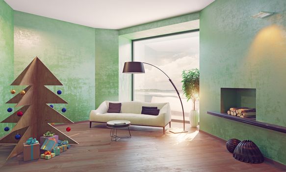 home on the coast interior with plywood Christmas tree. 3d concept