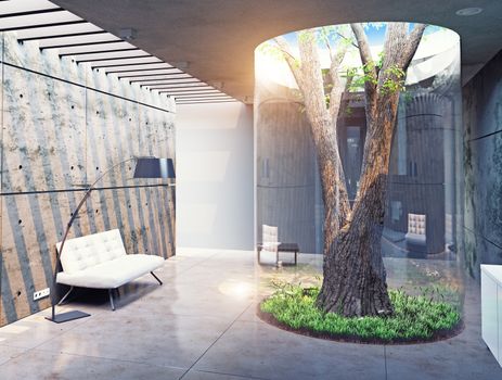 eco design of the modern  interior. Real tree indoor. 3d concept