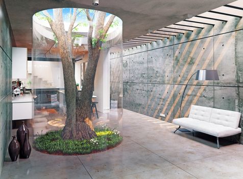 eco design of the modern  interior. Real tree indoor. 3d concept