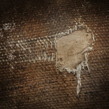 Detail (damage) of an old canvas suitcase, close-up, vintage look