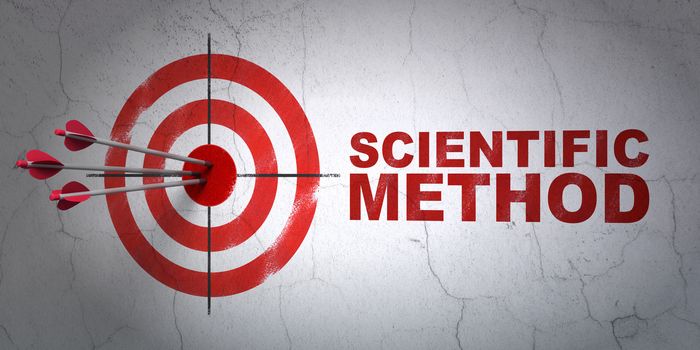 Success Science concept: arrows hitting the center of target, Red Scientific Method on wall background, 3D rendering