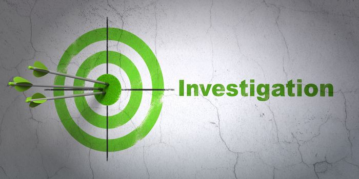 Success Science concept: arrows hitting the center of target, Green Investigation on wall background, 3D rendering