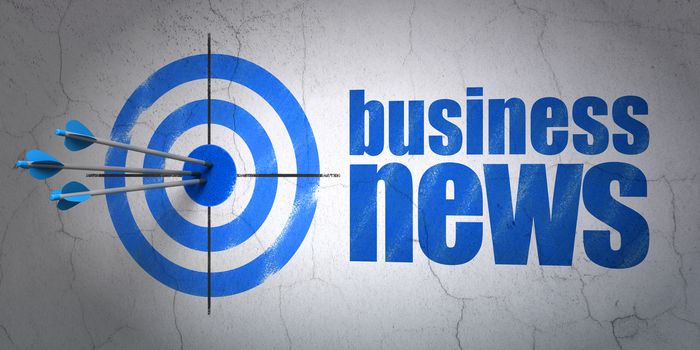 Success news concept: arrows hitting the center of target, Blue Business News on wall background, 3D rendering