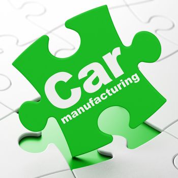 Manufacuring concept: Car Manufacturing on Green puzzle pieces background, 3D rendering