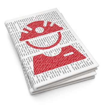 Manufacuring concept: Pixelated red Factory Worker icon on Newspaper background, 3D rendering