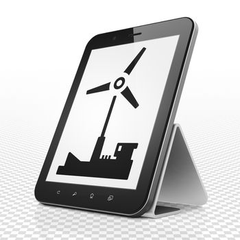 Manufacuring concept: Tablet Computer with black Windmill icon on display, 3D rendering