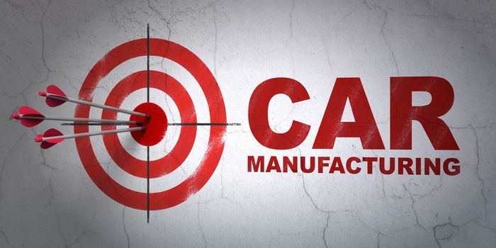 Success Industry concept: arrows hitting the center of target, Red Car Manufacturing on wall background, 3D rendering