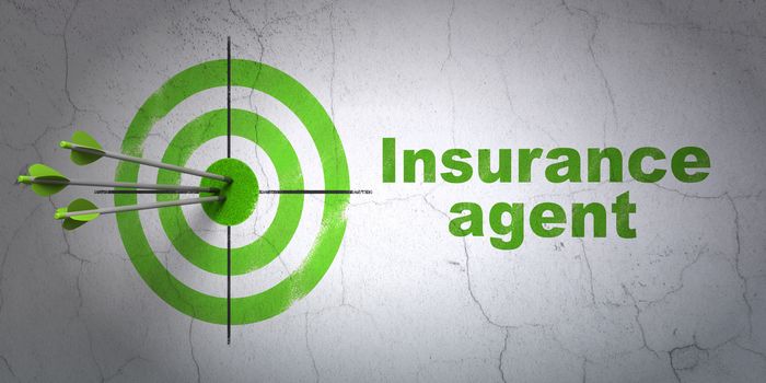 Success Insurance concept: arrows hitting the center of target, Green Insurance Agent on wall background, 3D rendering