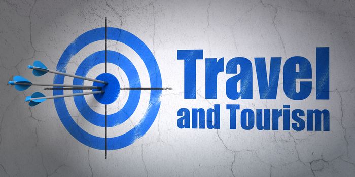 Success travel concept: arrows hitting the center of target, Blue Travel And Tourism on wall background, 3D rendering