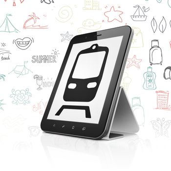 Tourism concept: Tablet Computer with  black Train icon on display,  Hand Drawn Vacation Icons background, 3D rendering