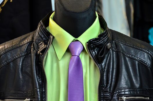 Leather jacket on Shop Mannequin with shirt and tie